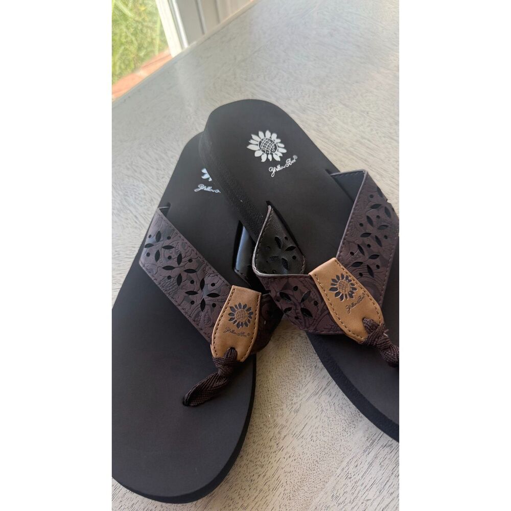 Yellow Box Women’s Size 10 Brown Floral Cutout Wedge Flip Flop Sandals